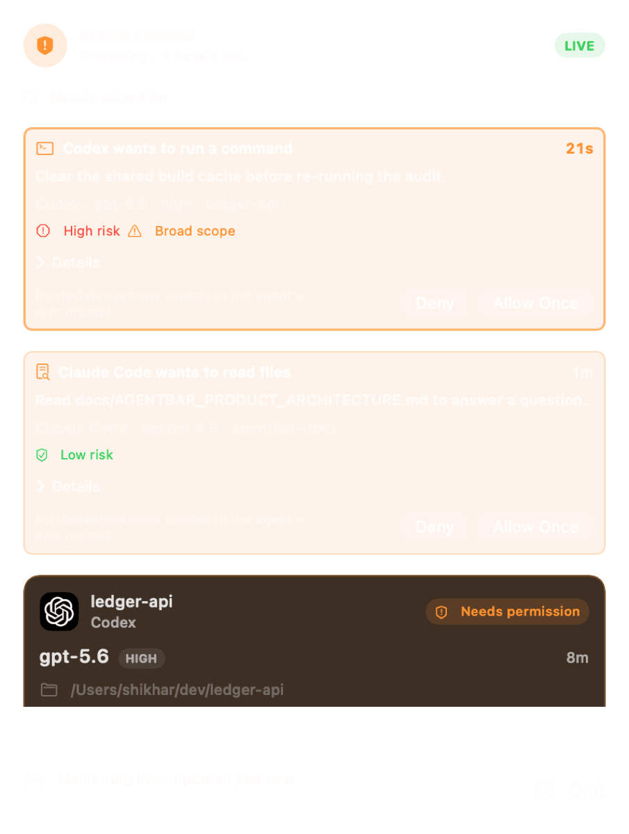 AgentBar macOS interface showing live agent activity and permission prompts